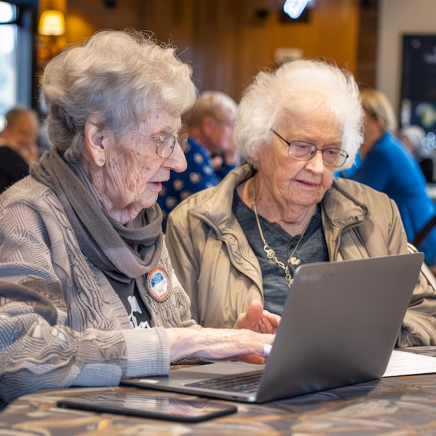Two elderly ladies using a laptop